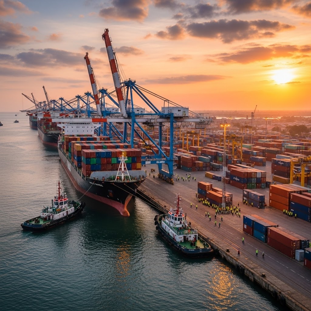 Illustration d'un port maritime qui représente le commerce international