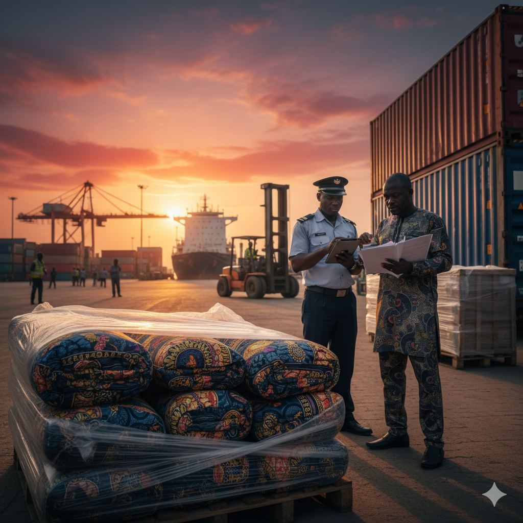 Image de représentation de la douane et d'une livraison de bazin vers l'Afrique
