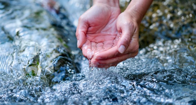 Des mains qui prennent l'eau d'une rivière, illustrant la pureté et le nettoyage
